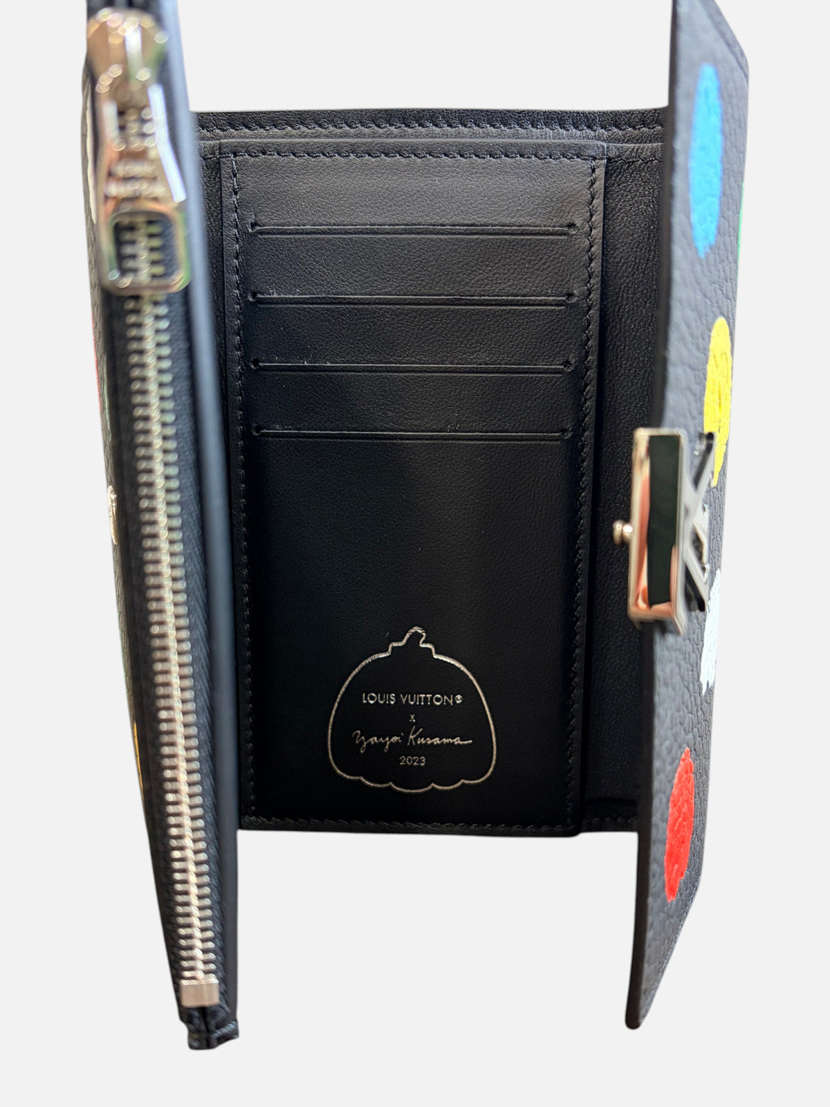 CURATED by Kira Louis Vuitton x Yayoi Kusama black Taurillon leather compact wallet interior with card slots
