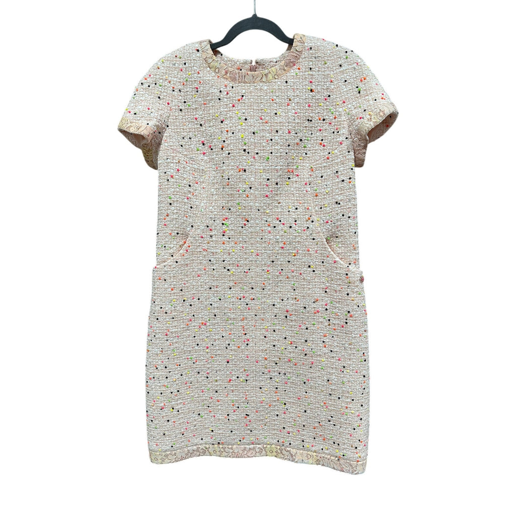 Chanel Tweed Short Sleeve Dress Nude Pink Multicolor Size 42