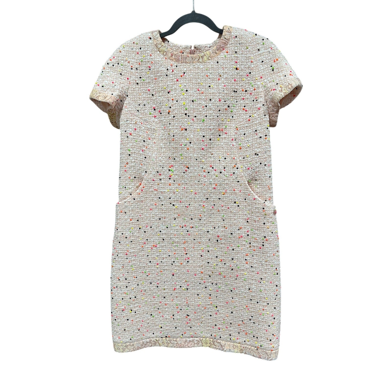 Chanel Tweed Short Sleeve Dress Nude Pink Multicolor Size 42