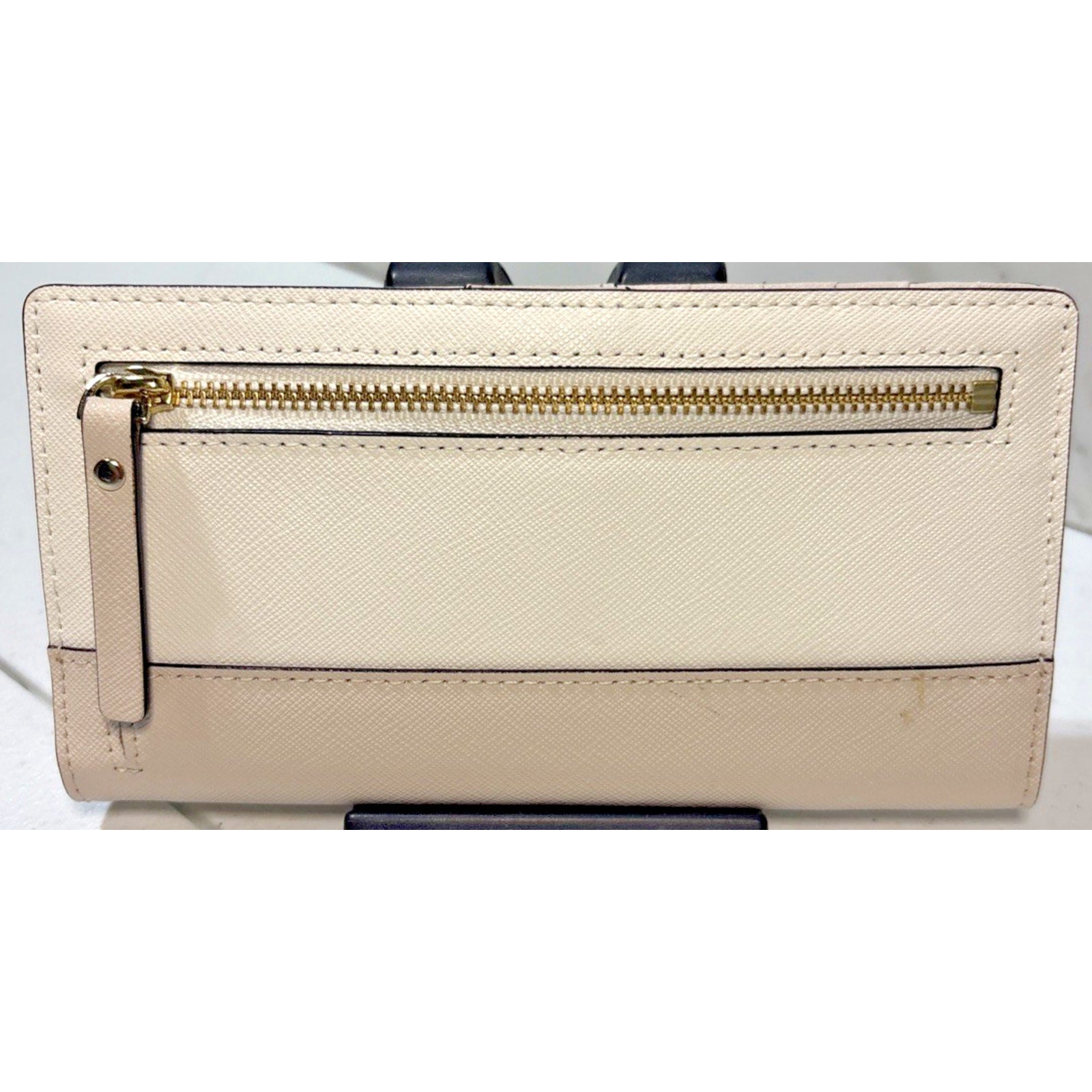 Kate Spade Laurel Way Stacy Snap Wallet Almond Black Leather Saffiano Cream Gold