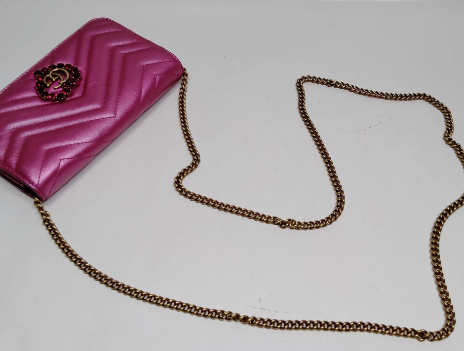 Gucci Marmont Wallet on Chain - Metallic Pink with Red Crystal GG Heart