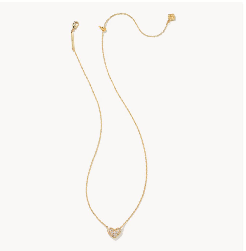 CURATED by Kira Kendra Scott Ari gold heart necklace with white CZ pavé crystals on a 14k gold-plated brass chain.