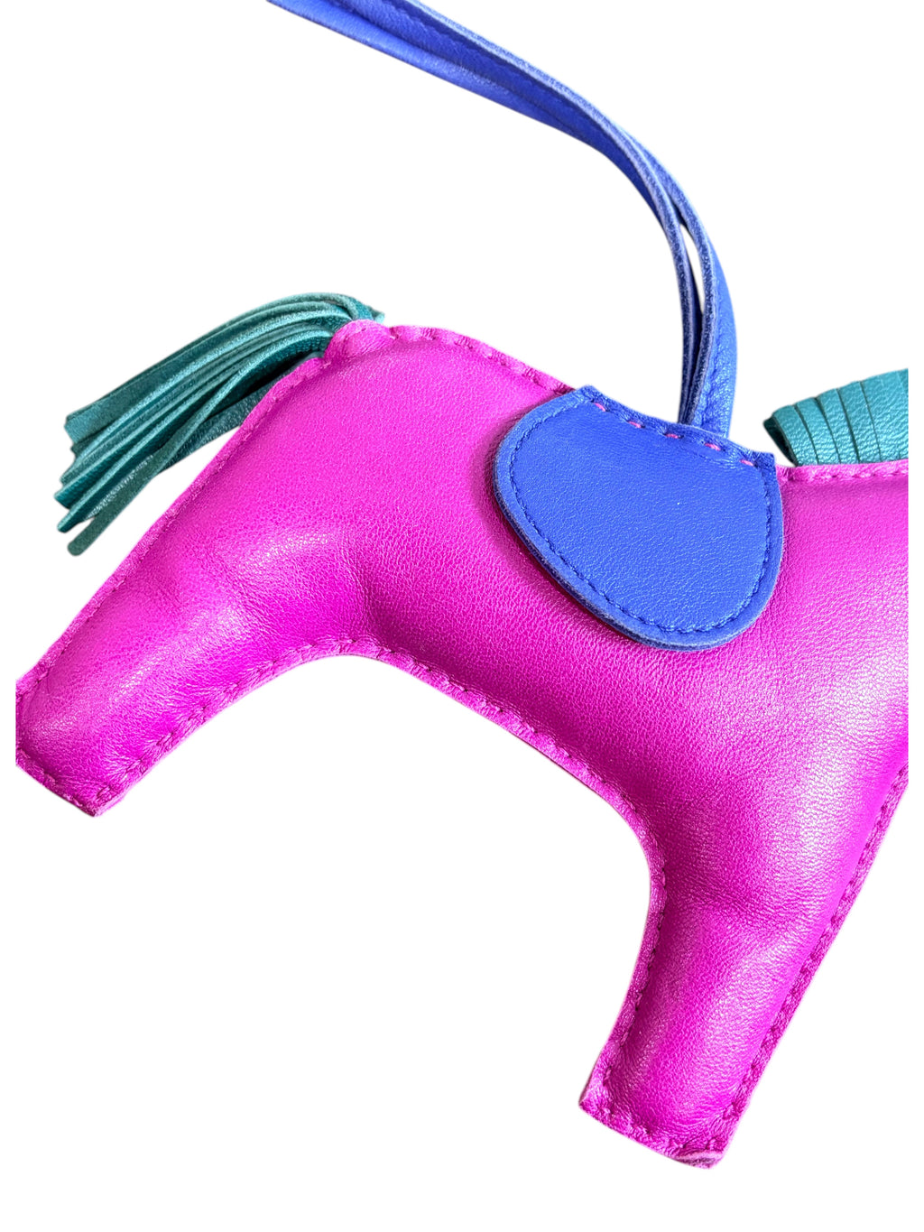 CURATED by Kira HERMES Rodeo GM bag charm in Rose Purple lambskin with Blue Electric saddle and Malachite green mane