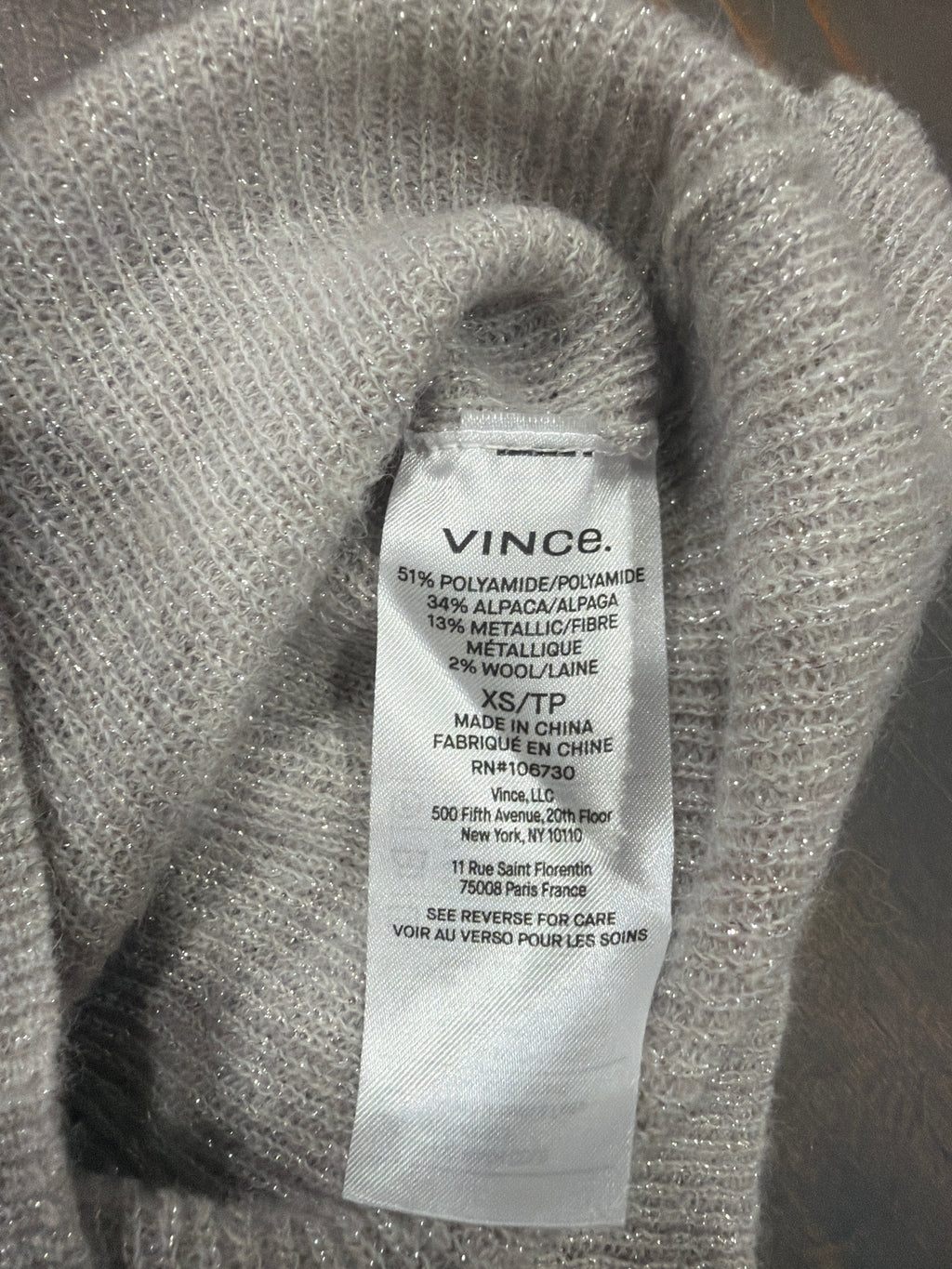 Vince Metallic Mock Nk Grey Basic - Size XS - NWT - XS / Grey / 34% Alpaca/ 51% Polyamide/ 2% Wool/ 13% Metallic