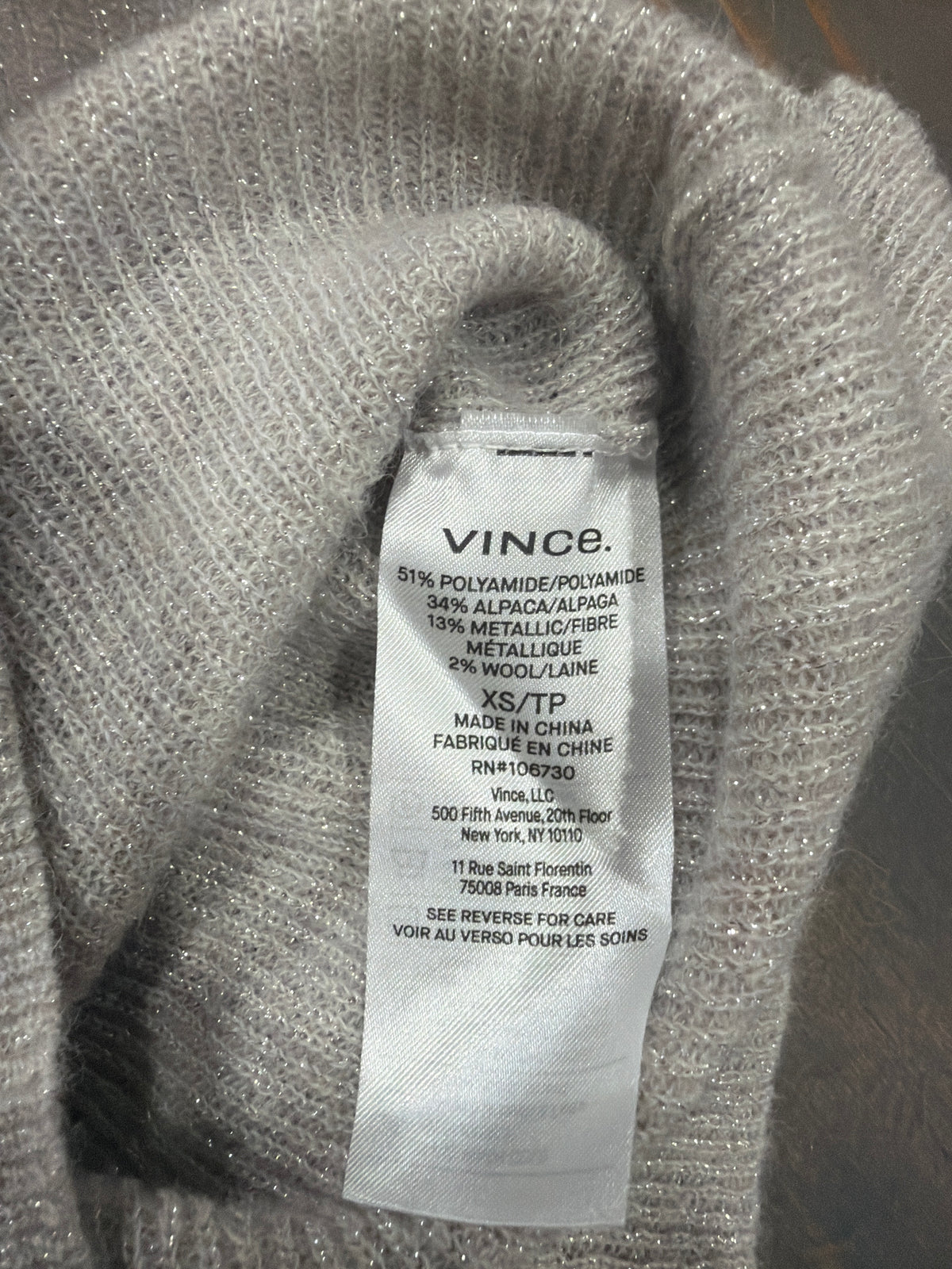 Vince Metallic Mock Nk Grey Basic - Size XS - NWT - XS / Grey / 34% Alpaca/ 51% Polyamide/ 2% Wool/ 13% Metallic