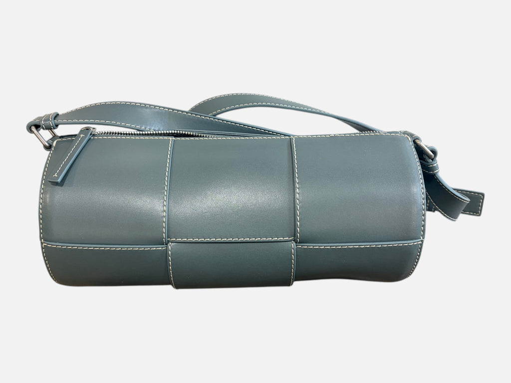 CURATED by Kira Bottega Veneta gray calfskin leather barrel crossbody bag with white stitching and silver hardware