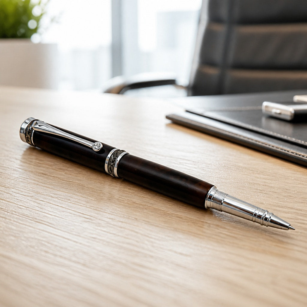 Custom Walnut Burl Rollerball Pen, Majestic Junior, Silver Hardware, Handcrafted Writing Gift