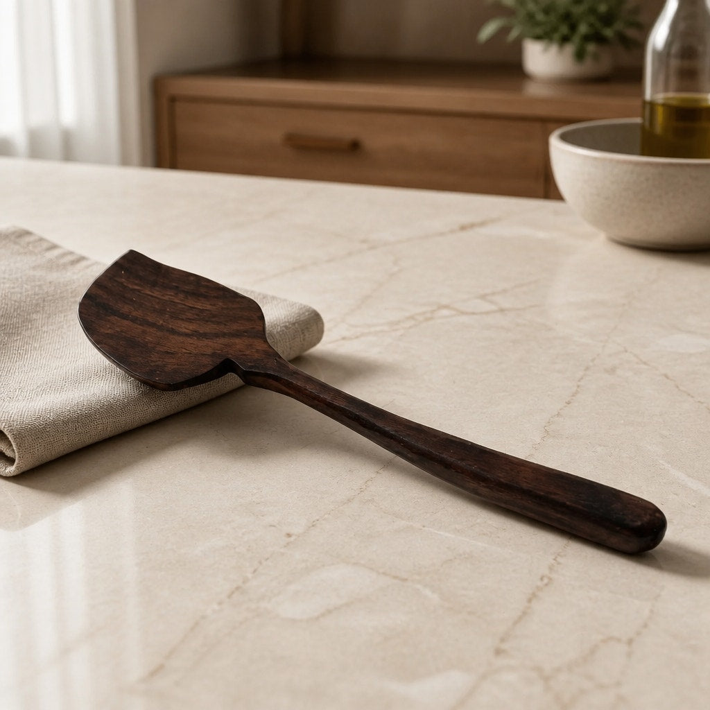 Handmade Walnut Scraping Spoon 12 Inch, food safe finish, ergonomic handle, gentle on nonstick, artisan kitchen tool