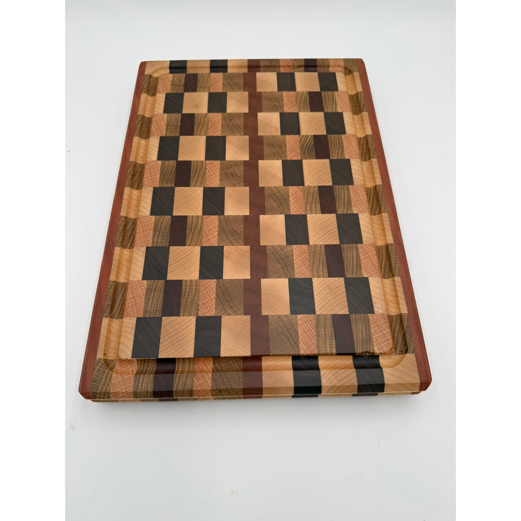 Premium End Grain Cutting Board Handmade, 16.5 x 11.5 x 1.75, mixed hardwoods, juice groove, finger grips, brass feet, gift ready