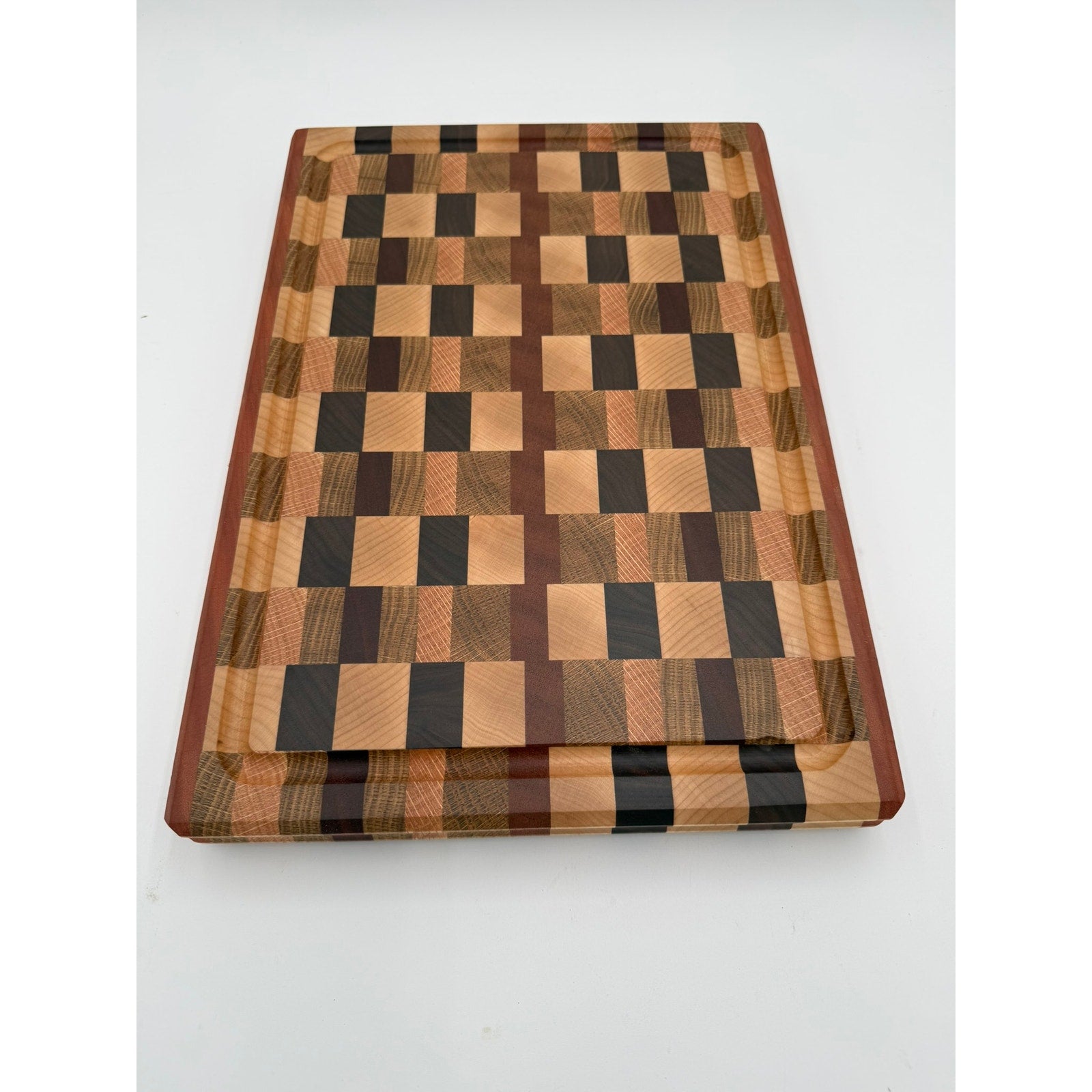 Premium End Grain Cutting Board Handmade, 16.5 x 11.5 x 1.75, mixed hardwoods, juice groove, finger grips, brass feet, gift ready