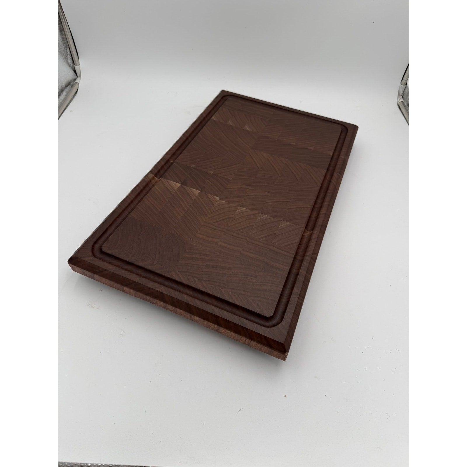 Walnut End Grain Carving Board for BBQ Feasts, extra large size, drip groove, dual grips, 20.25x12.25x1.25, chef quality