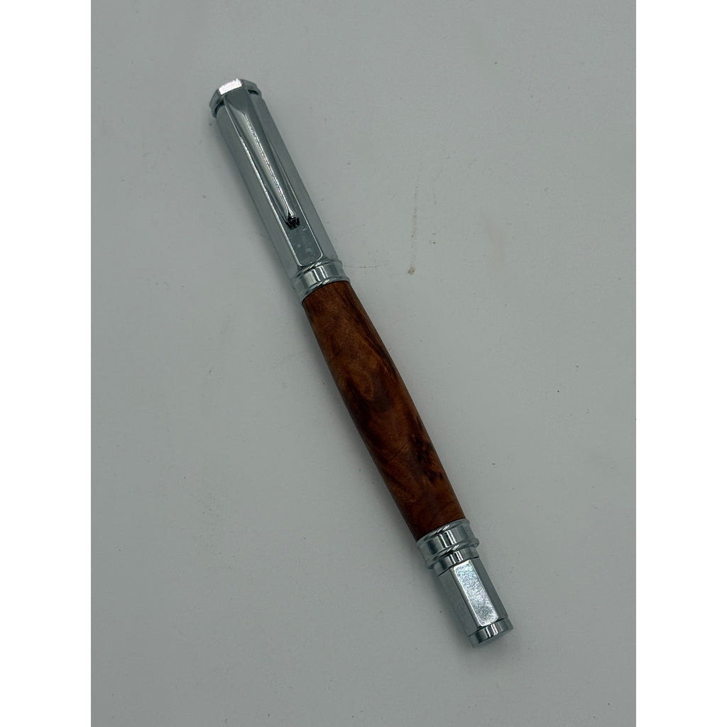 Vertex Rollerball Pen in Thuya Burl Wood, Hand Turned Barrel, Chrome Finish, SKU 1558