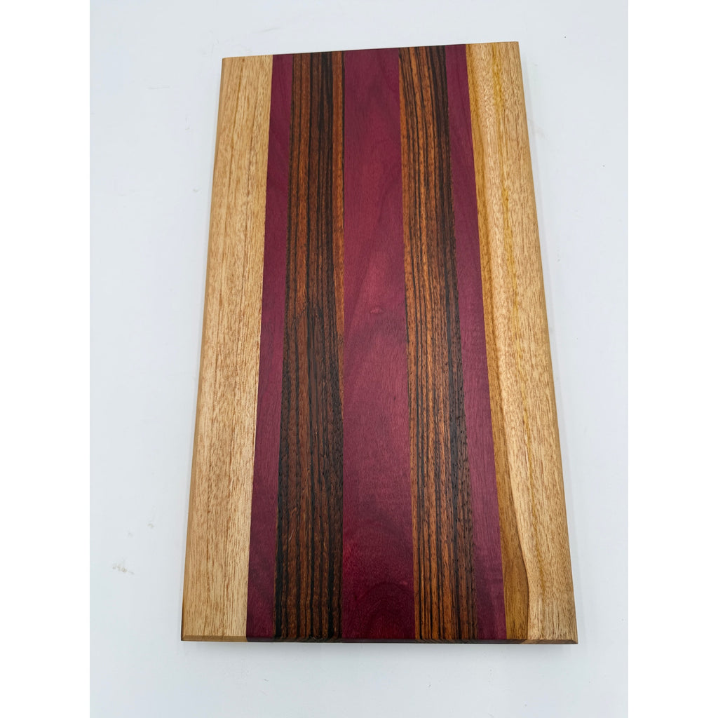 Handcrafted Exotic Hardwood Cutting Board, Teak, Purpleheart and Tigerwood, 20x11x3/4 in, serving charcuterie, kitchen gift