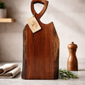 Heirloom Walnut Live Edge Charcuterie Board, thick and substantial, 23.5 x 11 x 1.5, wrought iron handle, serving tray, decorative kitchen