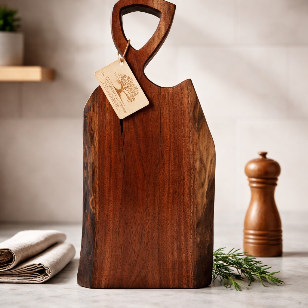 Heirloom Walnut Live Edge Charcuterie Board, thick and substantial, 23.5 x 11 x 1.5, wrought iron handle, serving tray, decorative kitchen