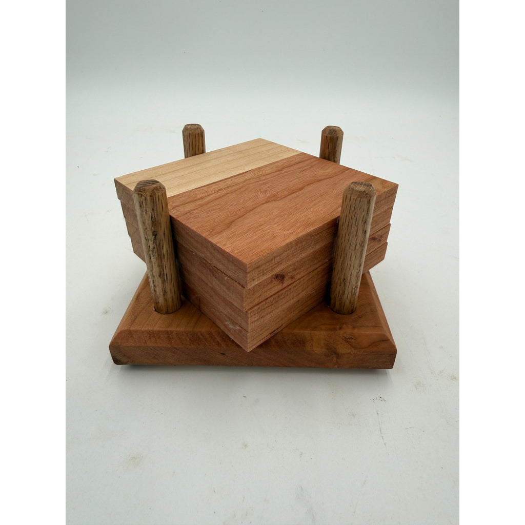 Handcrafted Hardwood Coaster Set Holder fits four, walnut and cherry options, holds 4x4 or 4.25x4.25, desk and coffee table