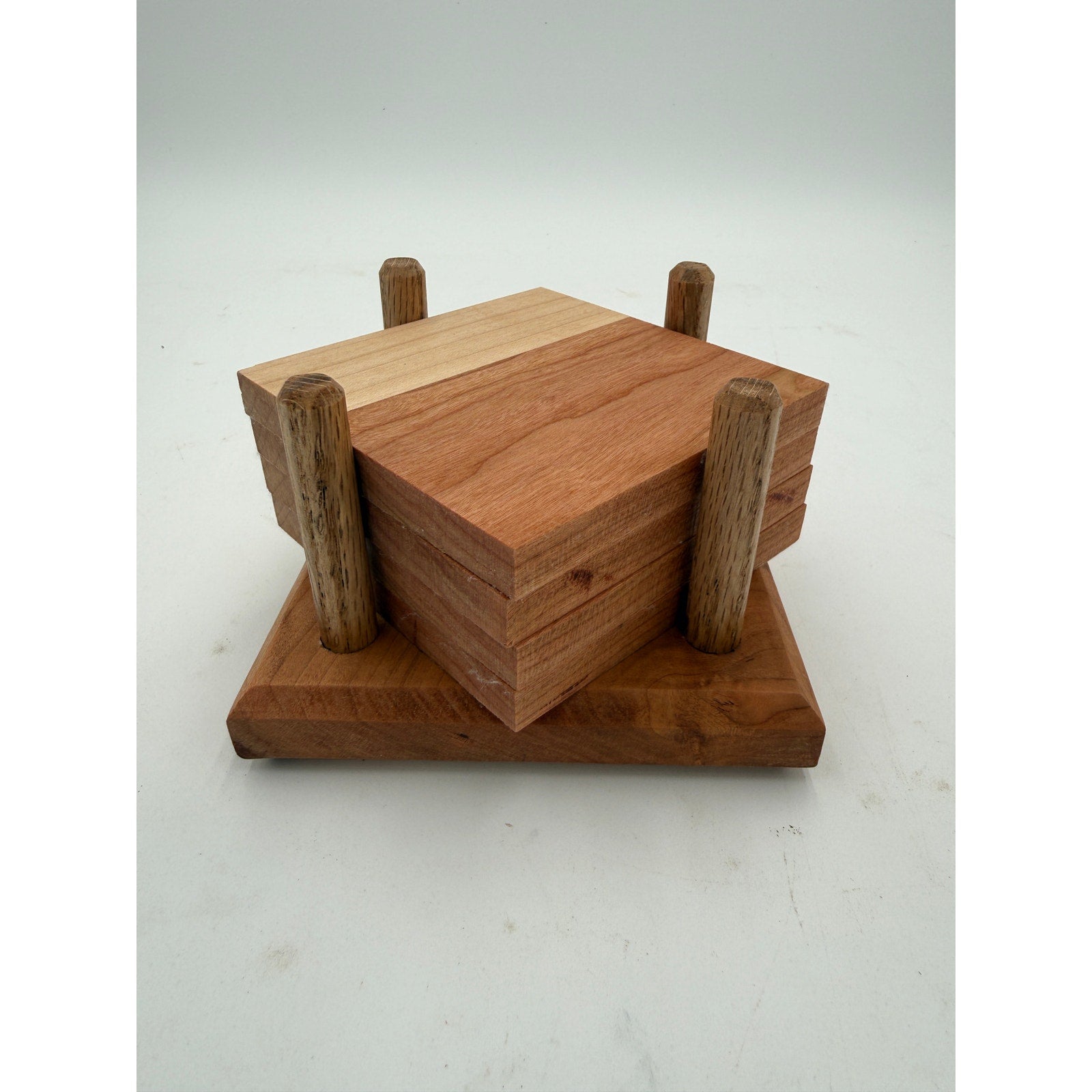 Handcrafted Hardwood Coaster Set Holder fits four, walnut and cherry options, holds 4x4 or 4.25x4.25, desk and coffee table