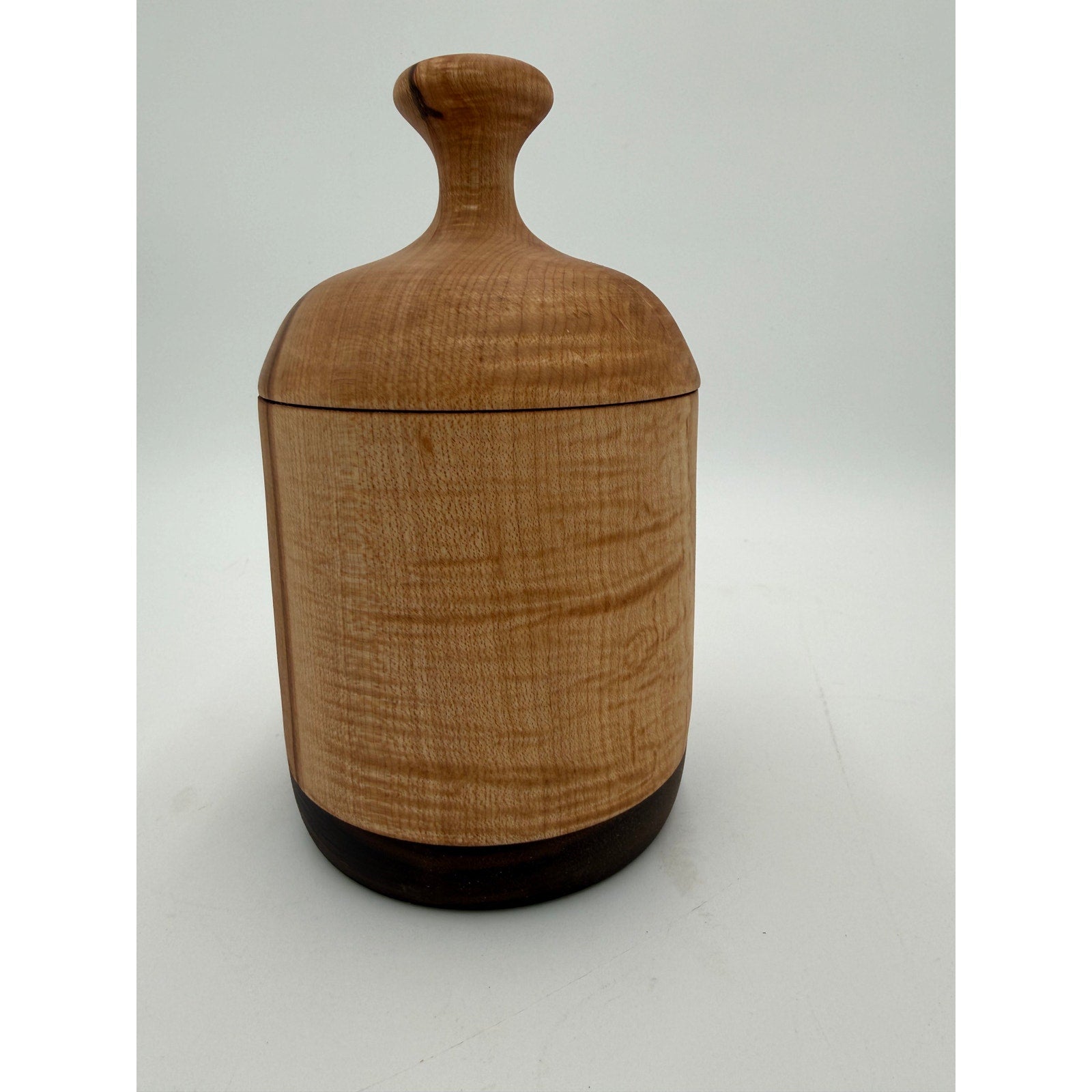 Hand Turned Figured Maple Lidded Box with Walnut Base, 4.25 x 7.5, tea bag storage, key holder, catchall, kitchen canister