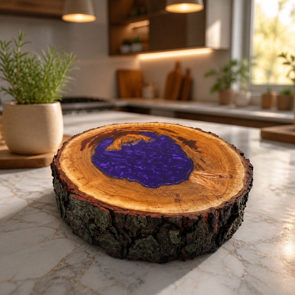 Hollow Cherry Log Charcuterie Board, Purple Epoxy Accents, Natural Bark Edge, 13x12x3, SKU 1416