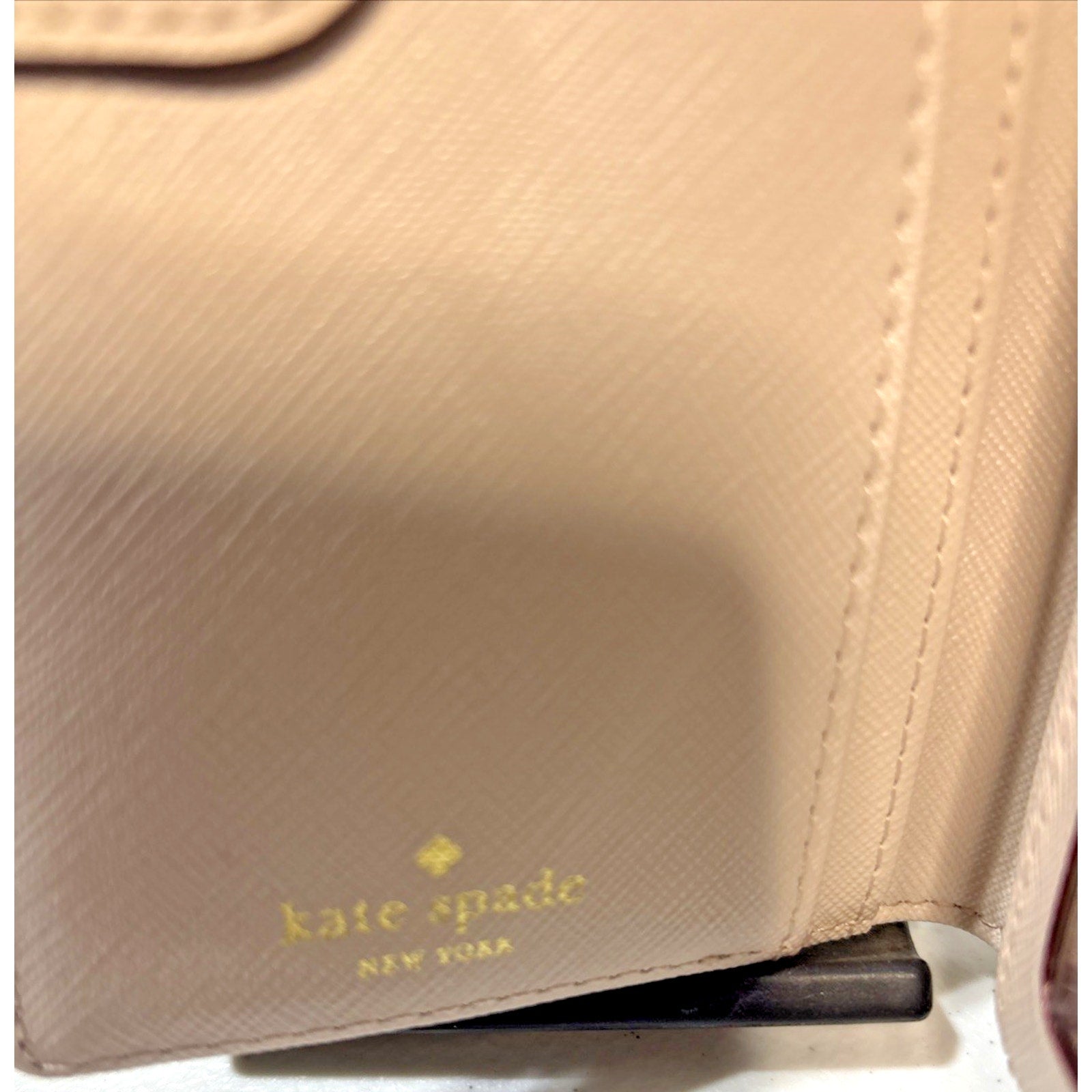 Kate Spade Laurel Way Stacy Snap Wallet Almond Black Leather Saffiano Cream Gold