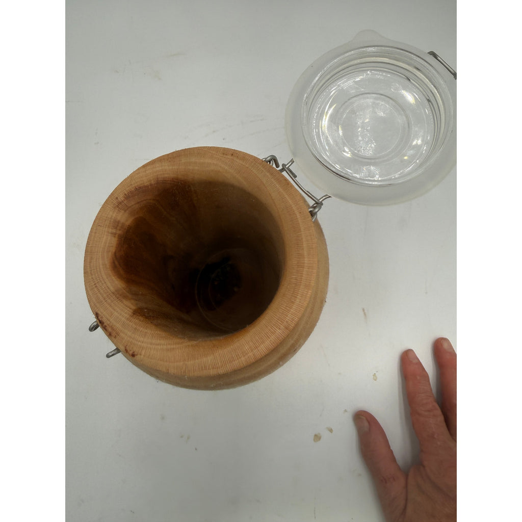 Sycamore Log Turned Jar with Glass Lid, 5x9 Tall, No Latch, Decorative Storage, SKU 1418