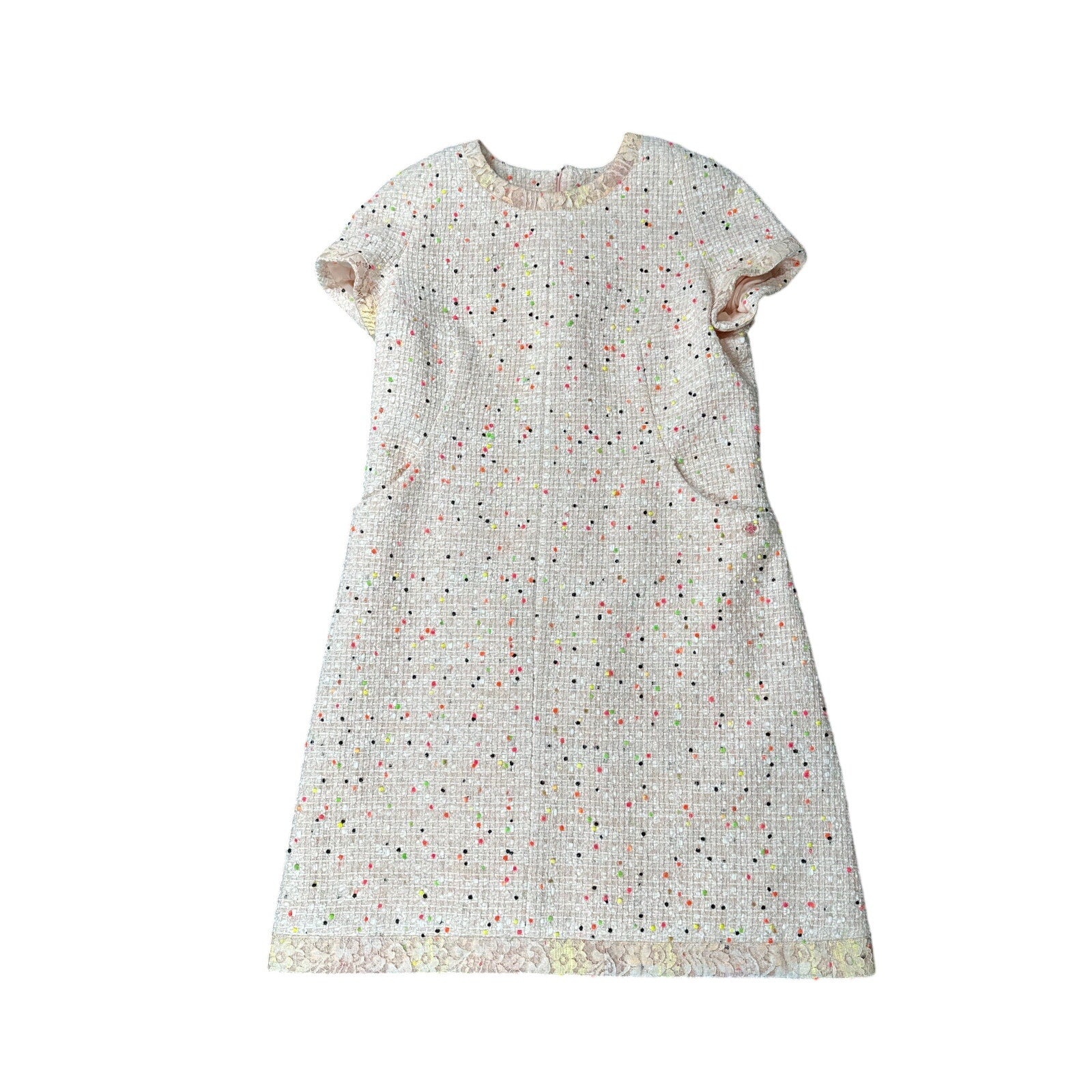 Chanel Tweed Short Sleeve Dress Nude Pink Multicolor Size 42