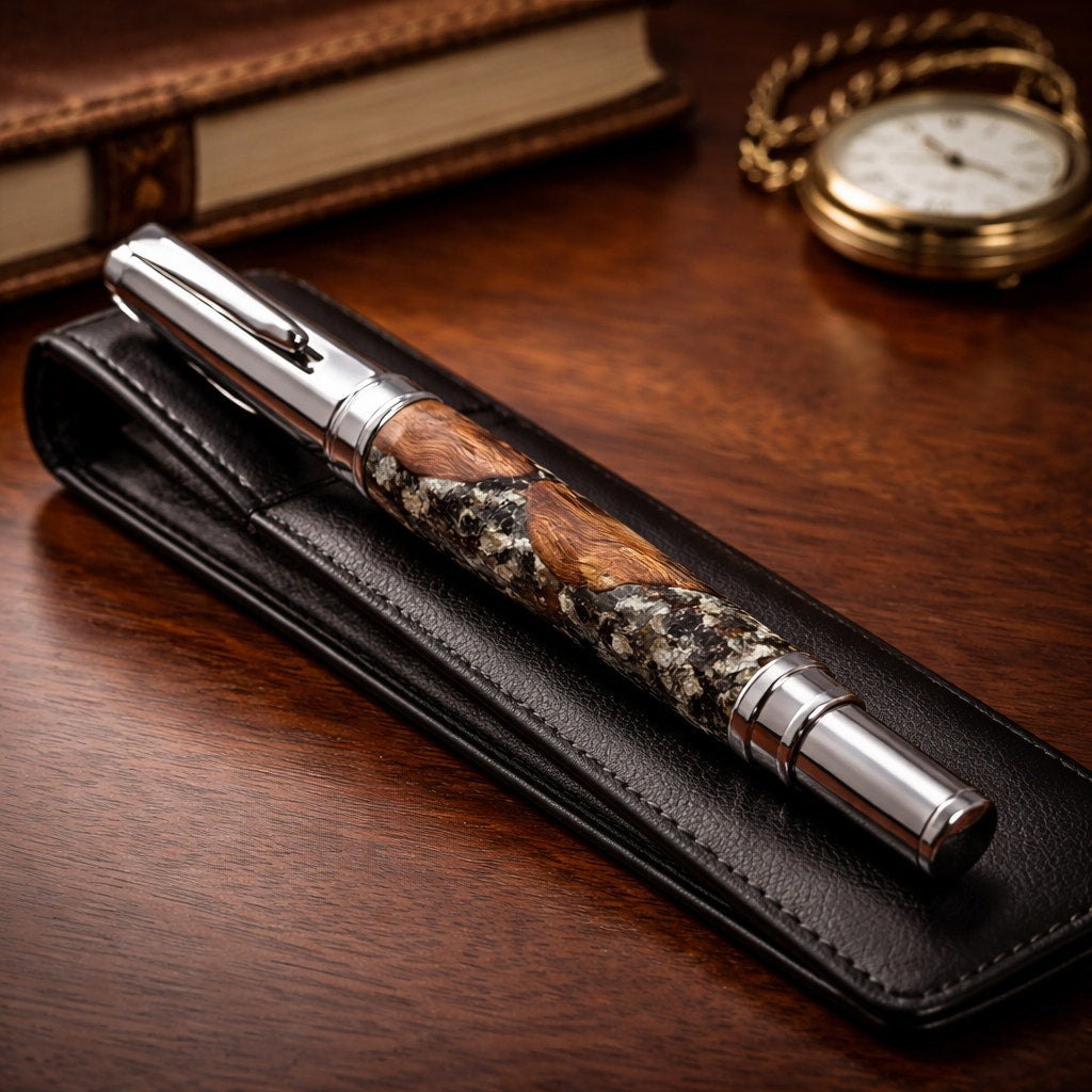 Hand Turned Fountain Pen with Silver Accents, epoxy barrel with silver flake and grapevine, includes ink pump and cartridge, handmade gift