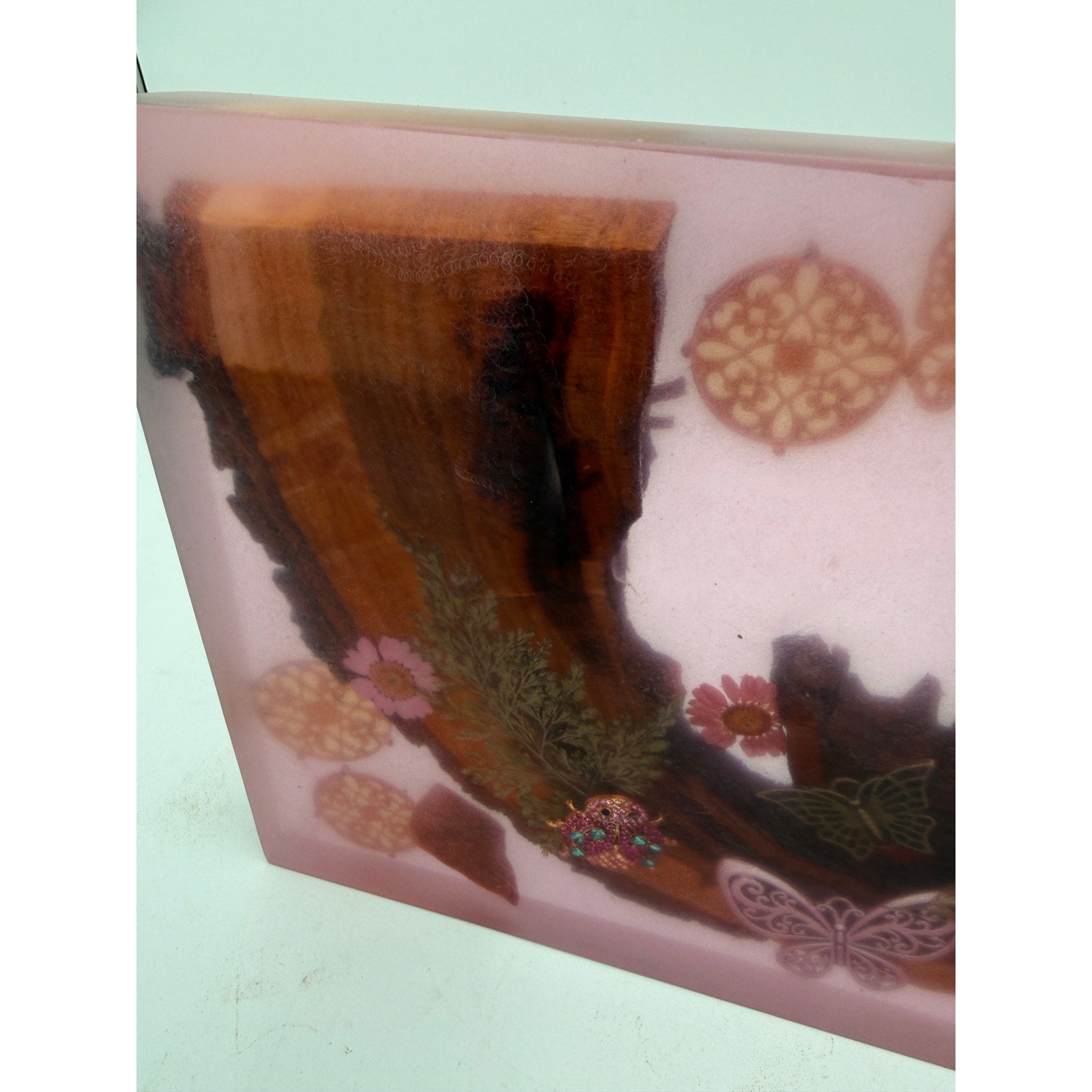 Butterfly Garden Resin Charcuterie Board 12x8, red epoxy art serving tray, embedded wood and florals, ladybug accents, handmade home decor