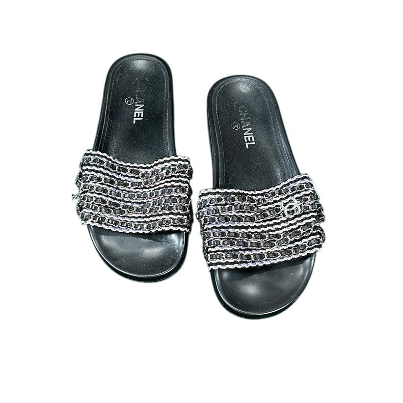 Chanel 2017 Interlocking CC Tweed Slides Chain Logo Sandals 41