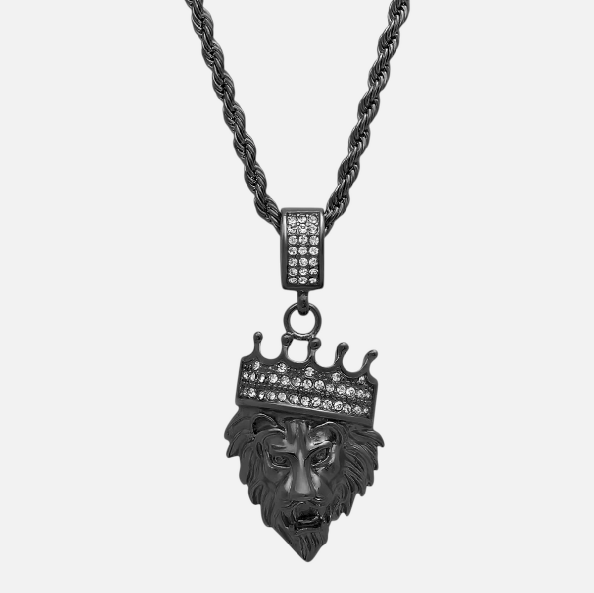 CURATED by Kira black stainless steel lion head pendant necklace with crown and simulated diamonds on rope chain