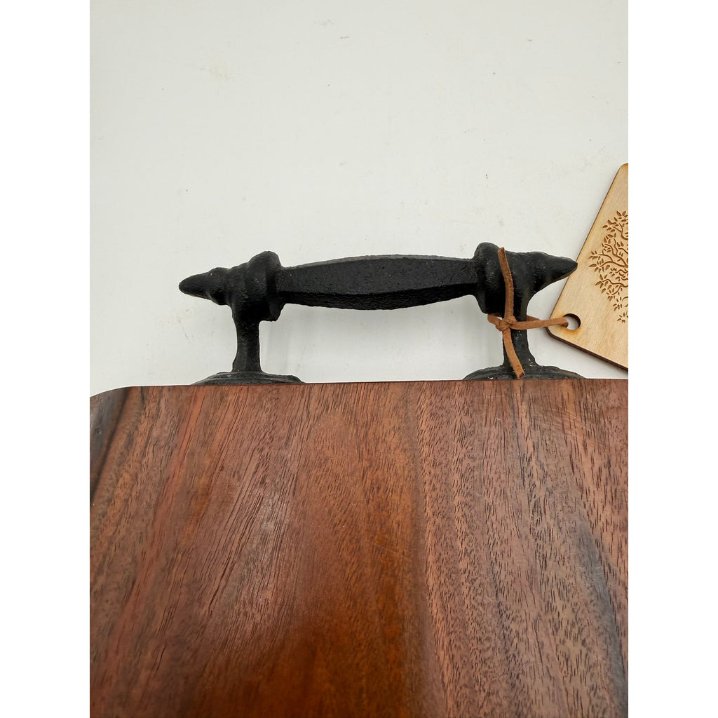 Heirloom Walnut Charcuterie Board with Handle, live edge serving tray, wrought iron handle, 13.75 x 14 x 1.75, thick substantial, functional