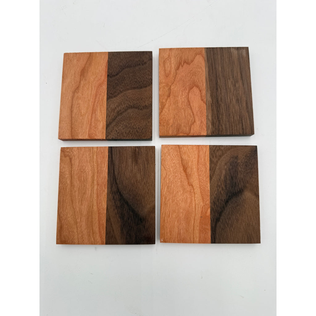 Handcrafted Hardwood Coaster Set of Four, dual-wood design, optional stand, choice of patterns and woods, 4x4 or 4.25x4.25