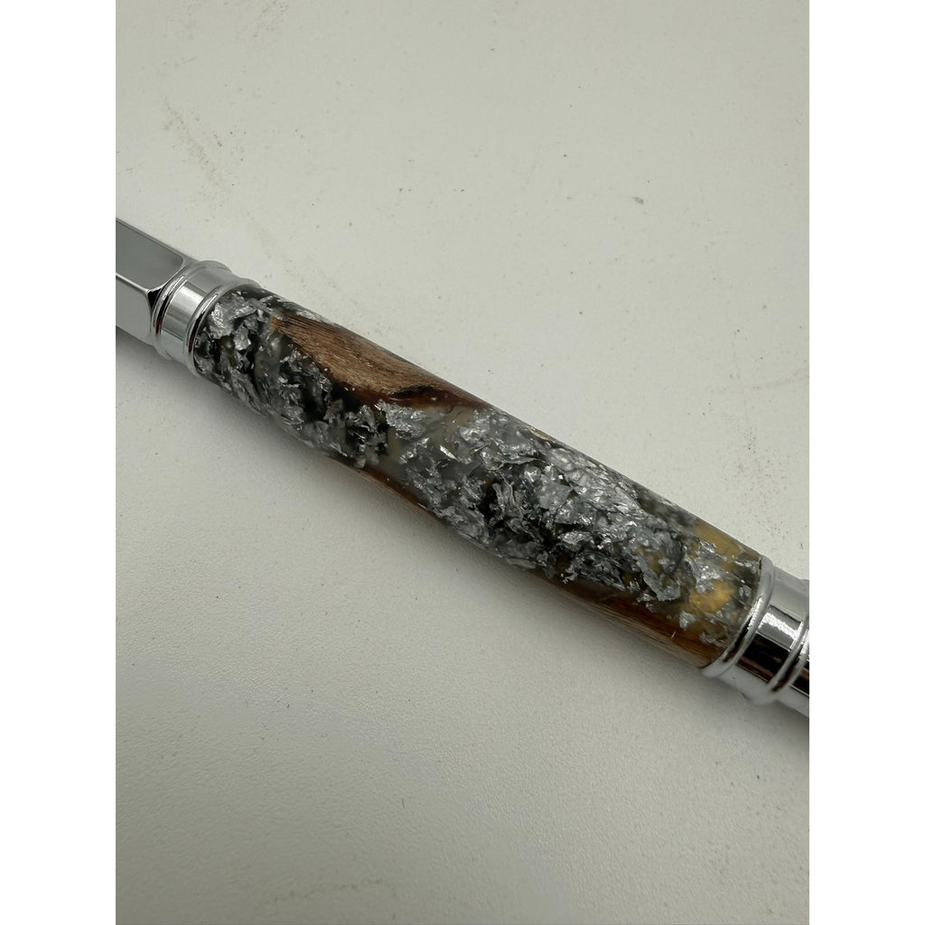 Hand Turned Fountain Pen with Silver Accents, epoxy barrel with silver flake and grapevine, includes ink pump and cartridge, handmade gift