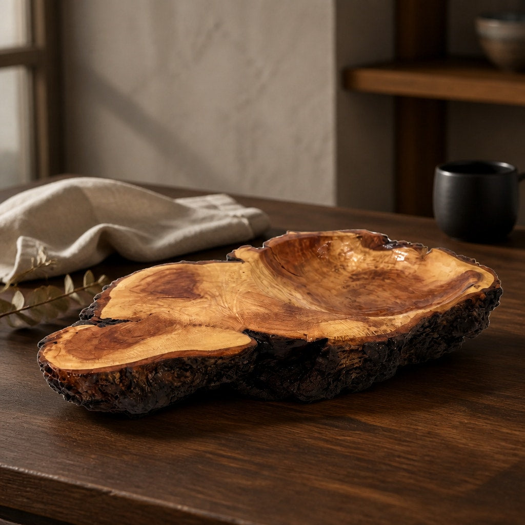 Maple Burl Live Edge Hand Turned Wood Bowl, decorative centerpiece, 11"x7"x2", artisan crafted, natural bark edge