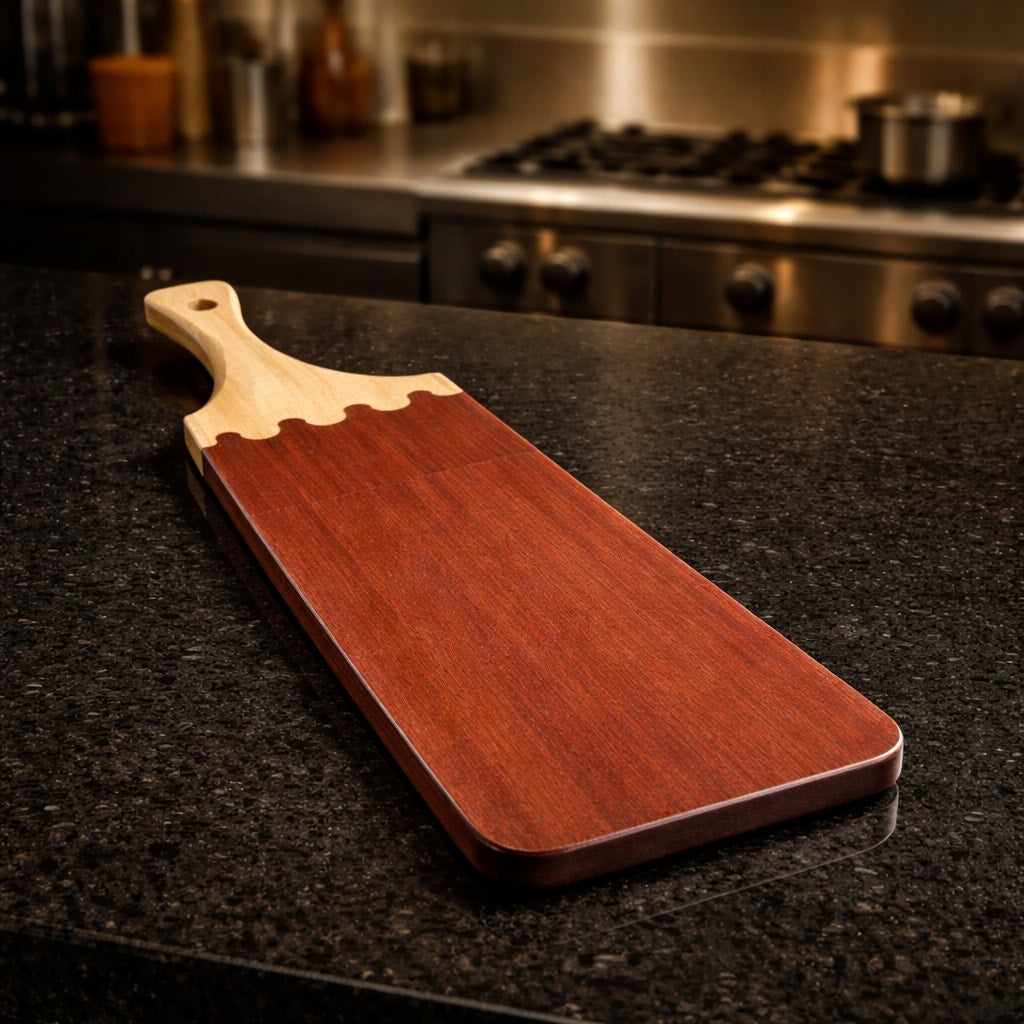 Large Padauk and Curly Maple Charcuterie Board, 34.75 x 9 x 0.75 in, handmade, food safe finish, serving tray, decorative yet functional