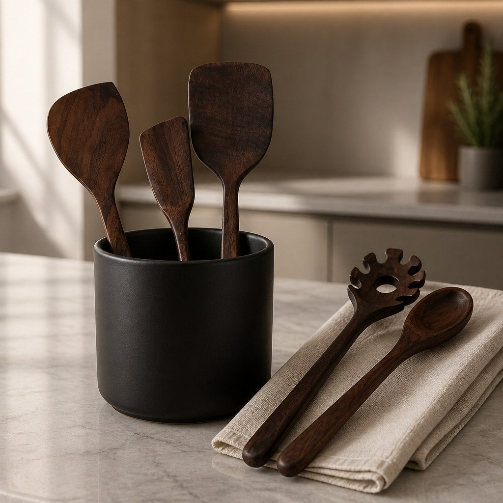 Walnut Cooking Tools Set for Everyday Kitchens, 5 piece bundle, spatulas and spoons, handmade, eco finish, gift ready