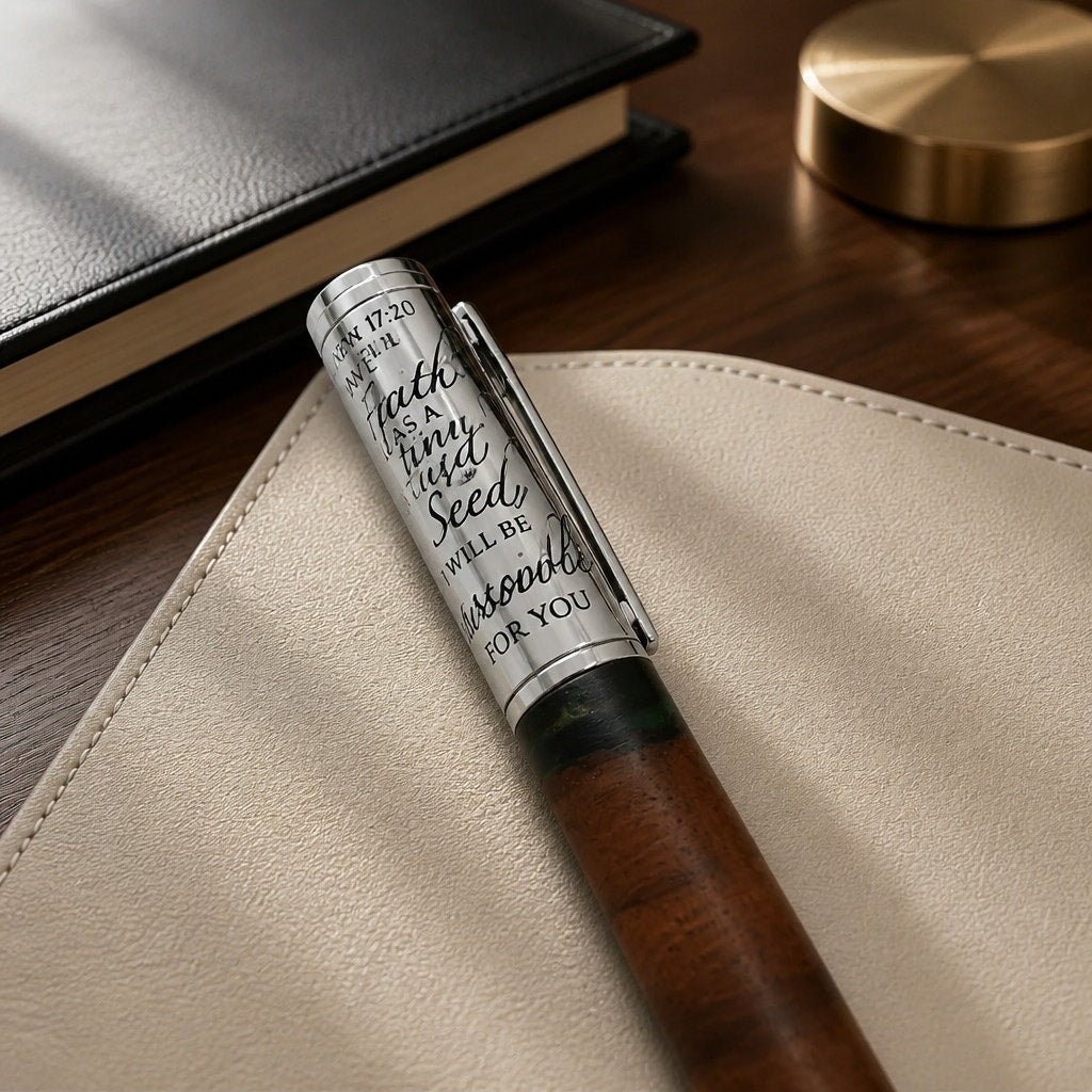 Handcrafted Walnut Epoxy Pen with Scripture, Matthew 17:20 engraved cap, premium metal accents, smooth refillable