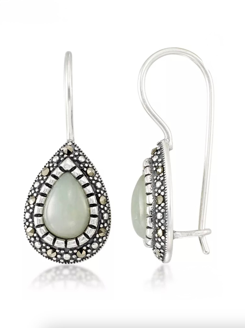 Macys Jade & Marcasite Teardrop Earrings in Sterling Silver - NWT