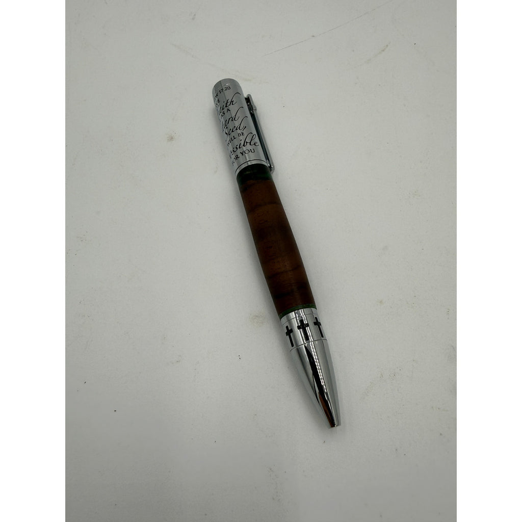 Handcrafted Walnut Epoxy Pen with Scripture, Matthew 17:20 engraved cap, premium metal accents, smooth refillable