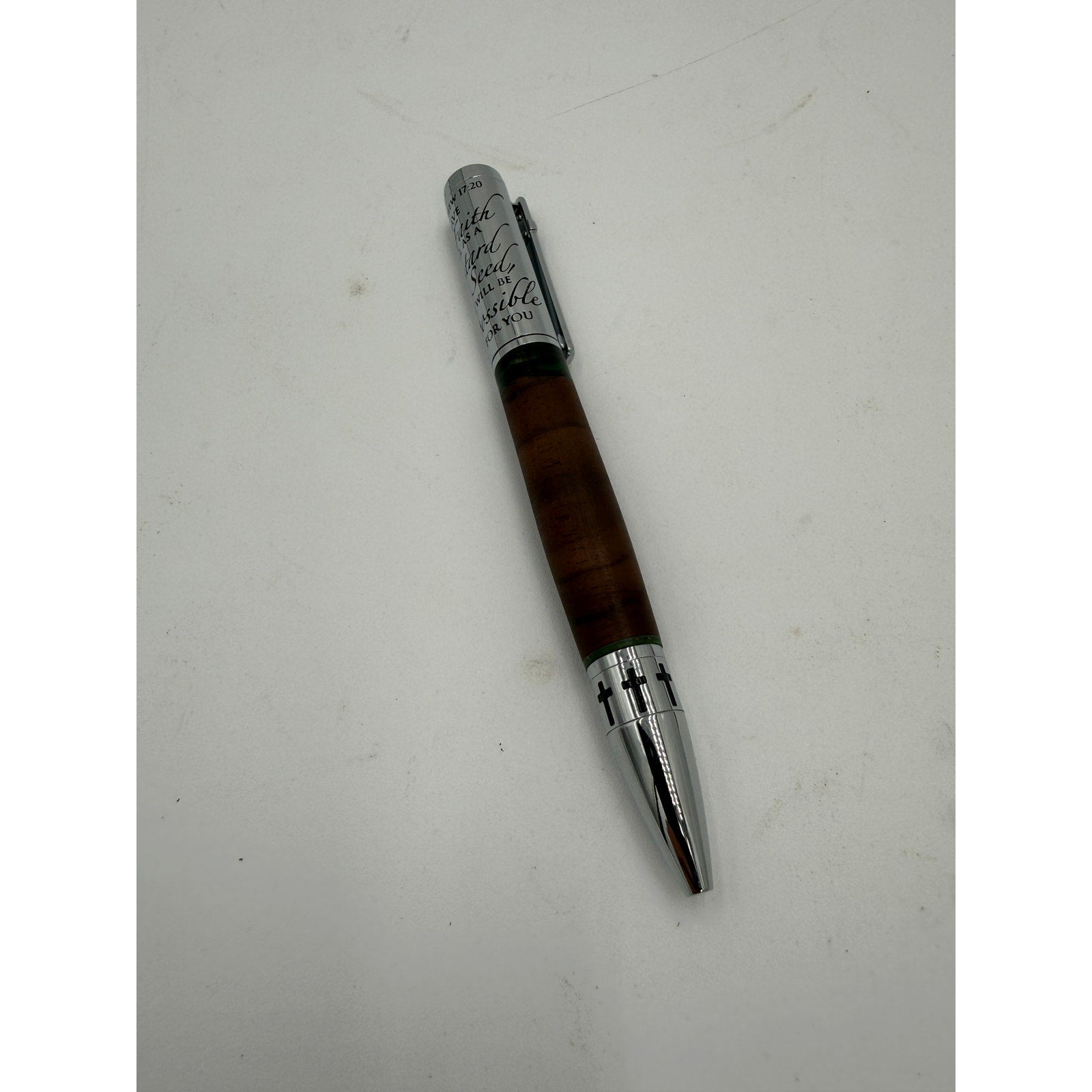 Handcrafted Walnut Epoxy Pen with Scripture, Matthew 17:20 engraved cap, premium metal accents, smooth refillable
