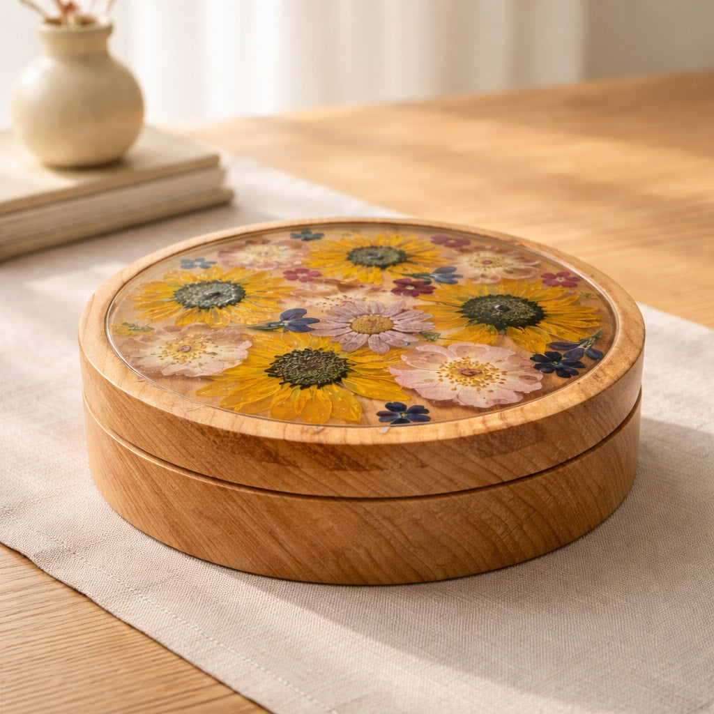 Figured Maple Floral Keepsake Box with Lid, pressed flowers in epoxy inlay, hand turned wood, jewelry storage, 7.75 x 2 in, one of a kind