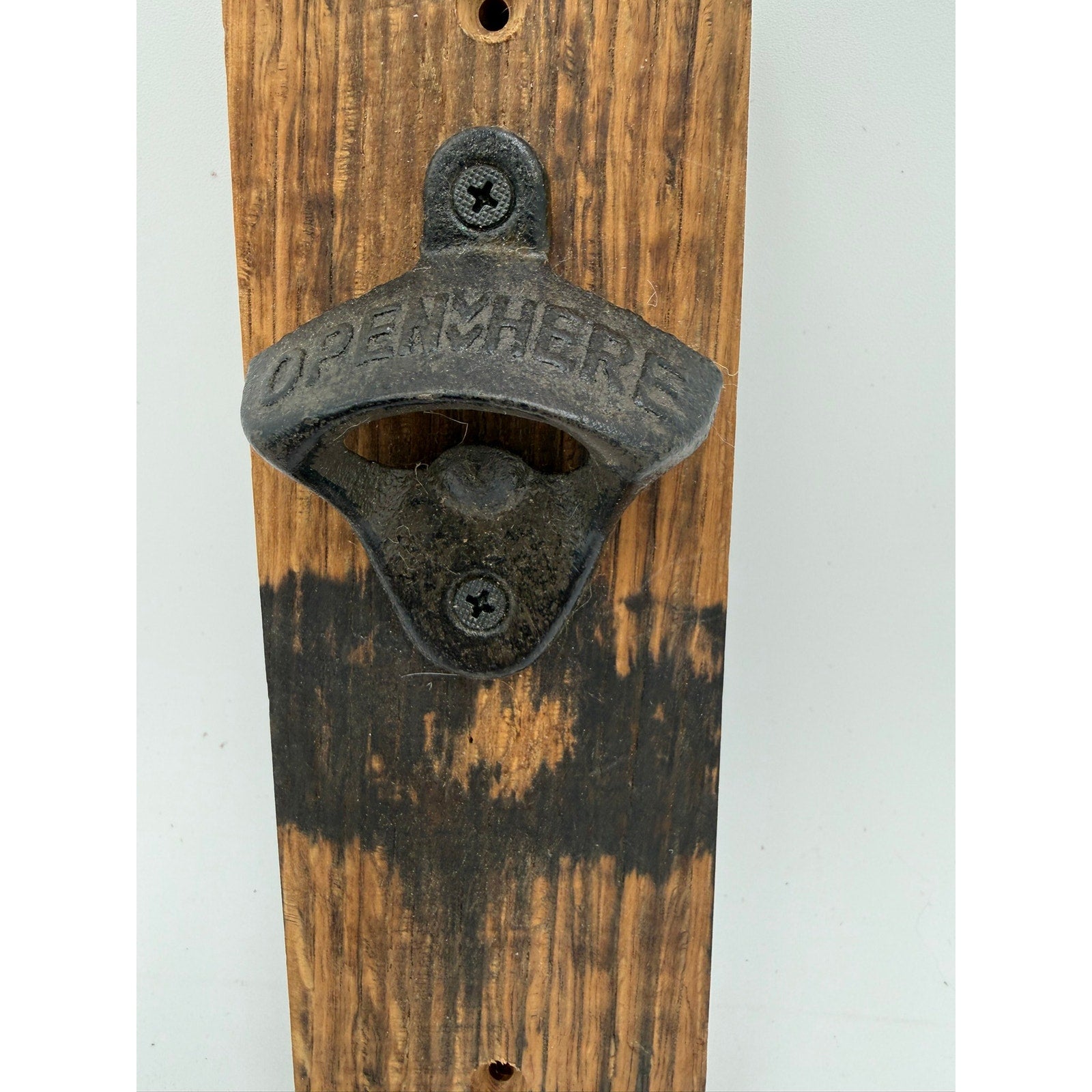 Whiskey Barrel Stave Wall Bottle Opener, rustic bar decor, mounts to wall or cabinet, sturdy cast iron, reclaimed oak