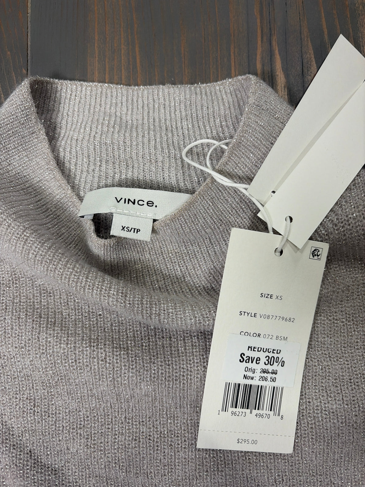 Vince Metallic Mock Nk Grey Basic - Size XS - NWT - XS / Grey / 34% Alpaca/ 51% Polyamide/ 2% Wool/ 13% Metallic