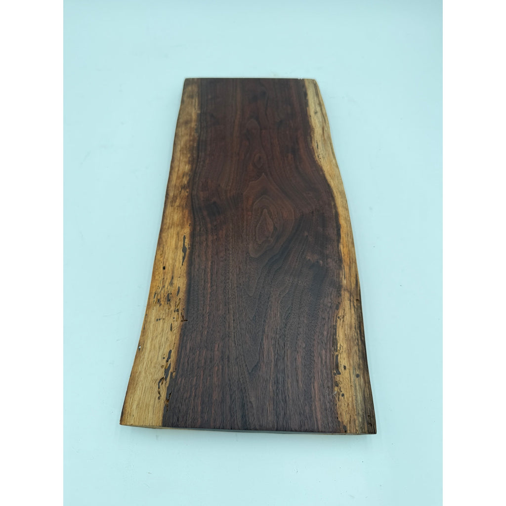 Live Edge Walnut Charcuterie Board Platter, rich dark coloring, intricate grain pattern, handcrafted, 18x8x1.1 in