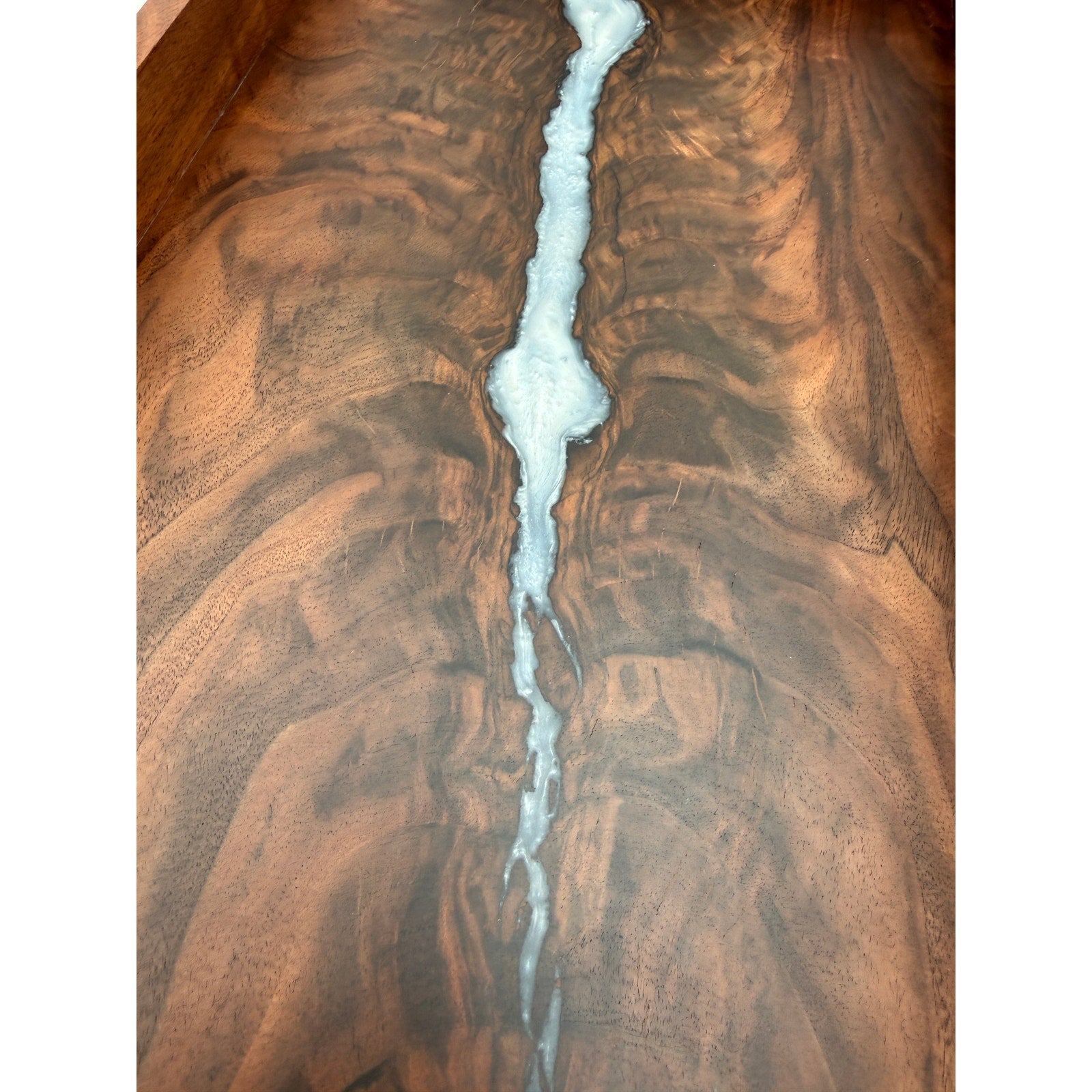 Walnut Burl Serving Tray with Pearl Epoxy accents, 22x11.75x3 size, wrought iron handles, food safe finish