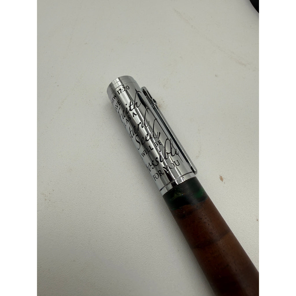 Handcrafted Walnut Epoxy Pen with Scripture, Matthew 17:20 engraved cap, premium metal accents, smooth refillable
