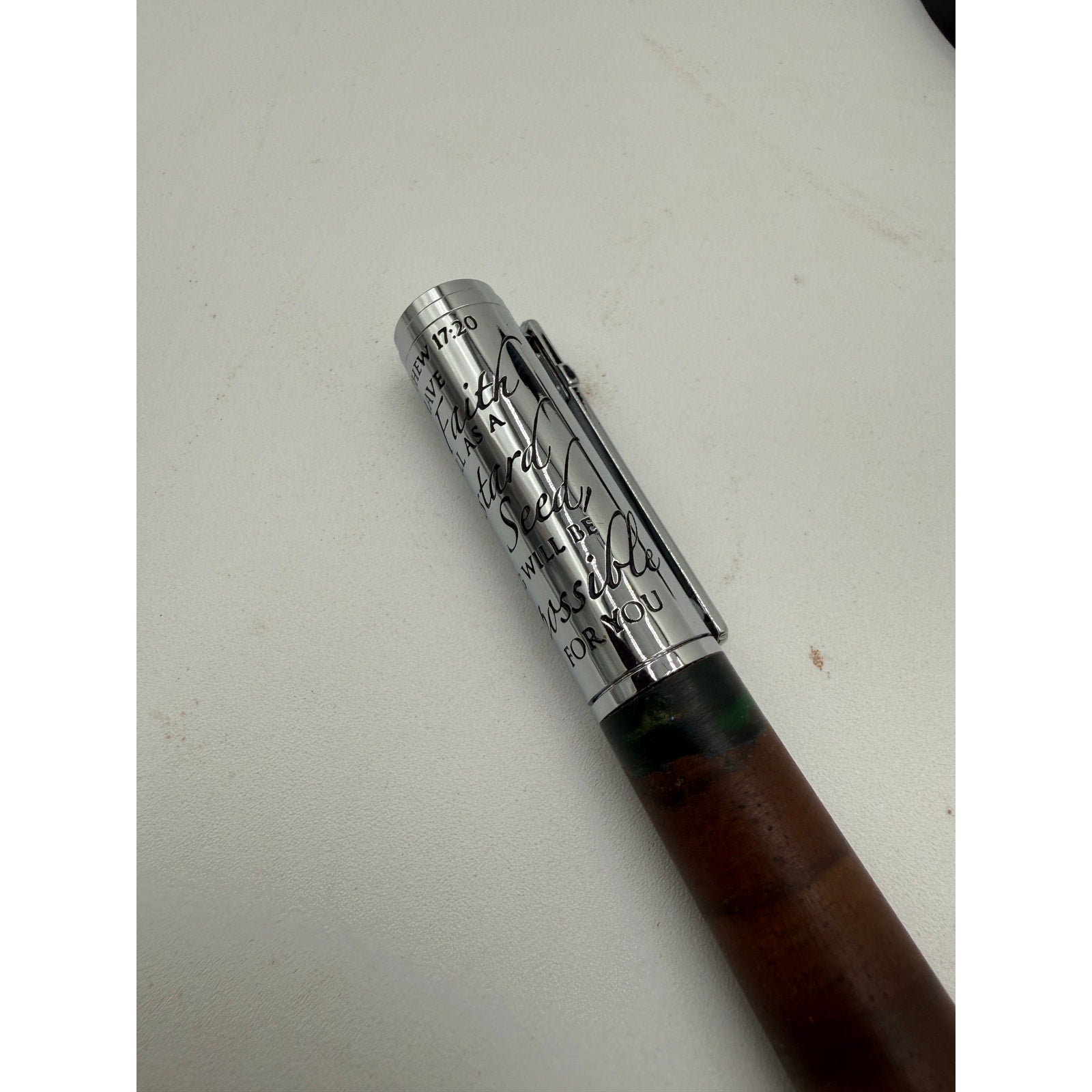 Handcrafted Walnut Epoxy Pen with Scripture, Matthew 17:20 engraved cap, premium metal accents, smooth refillable