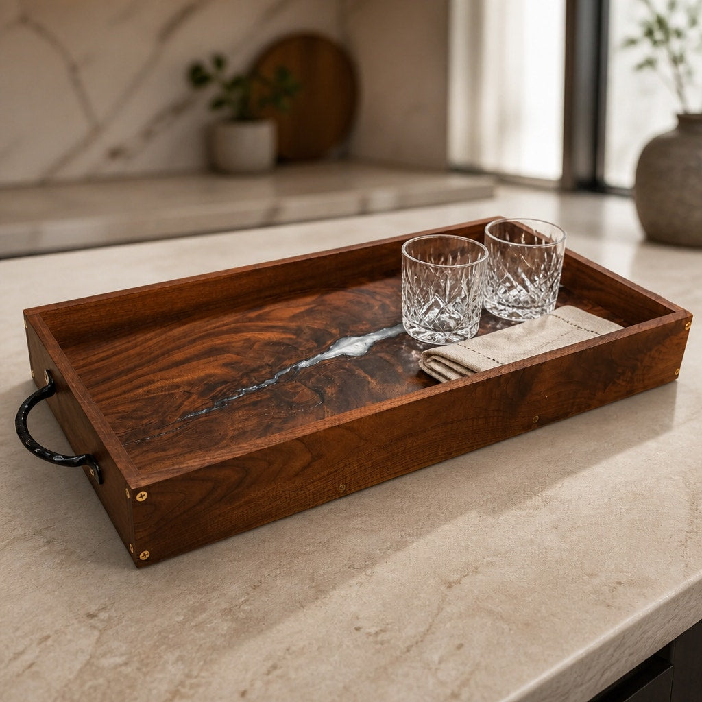 Walnut Burl Serving Tray with Pearl Epoxy accents, 22x11.75x3 size, wrought iron handles, food safe finish