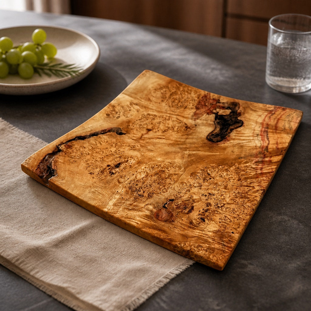 Box Elder Burl Hand Turned Square Bowl, 12x12x2 inches, natural edge, food safe finish, centerpiece decor