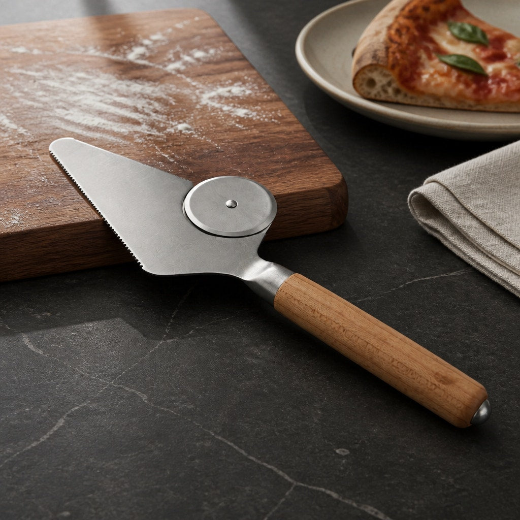Maple Handle Pizza Cutter and Server Combo, stainless steel blade, hand turned wood, handcrafted kitchen tool, gift ready